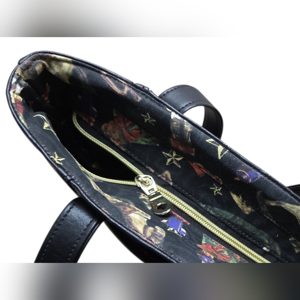 Whimsical Embroidered Christmase Tote Chickadees, Clogs & Sleigh Faux Leather - Picture 7 of 16